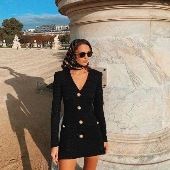 La Semaine Black Boucle Mini Dress w/ Gold Buttons